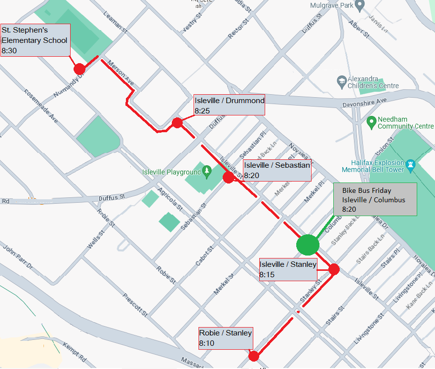 St. Stephens walking bus map with bike bus start